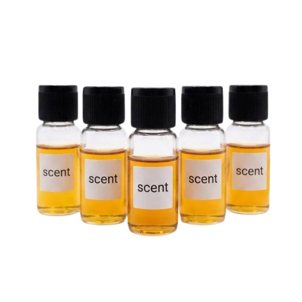 Five 10 ml fragrance oil sample vials with black caps