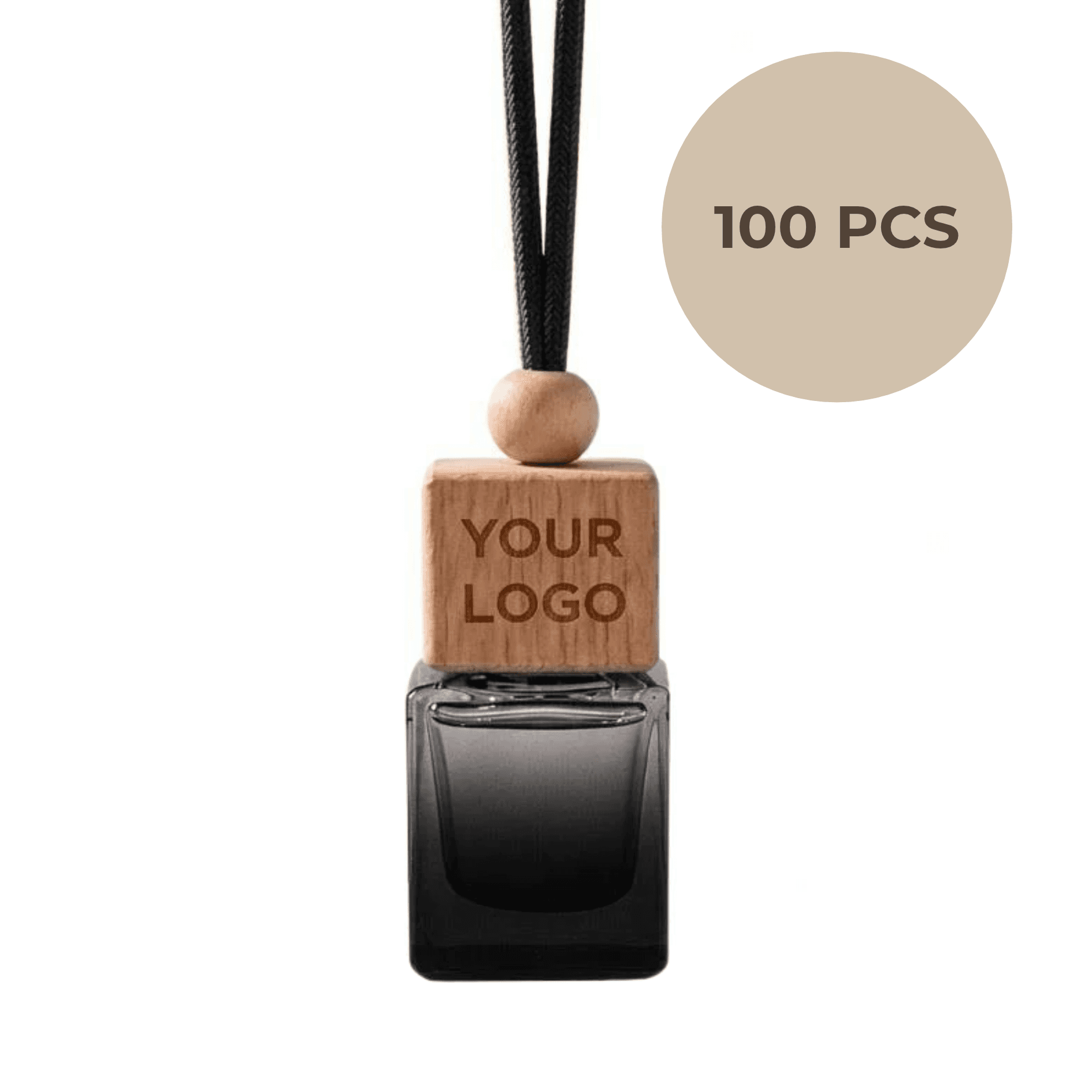 Black glass hanging car diffuser with a wooden cap reading YOUR LOGO, 100 pieces + 3 free pack