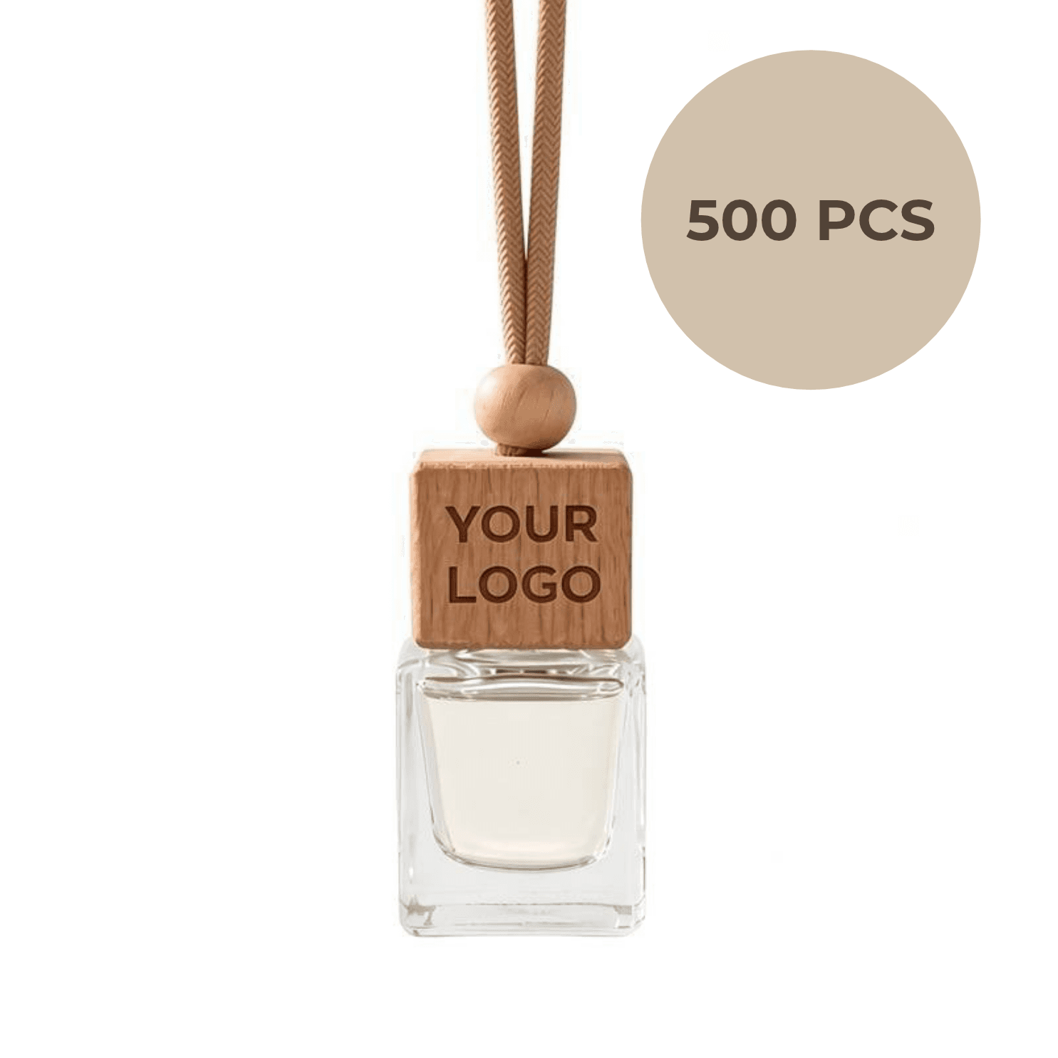 Clear glass hanging car diffuser with a wooden cap reading YOUR LOGO, 500 pieces + 35 free pack
