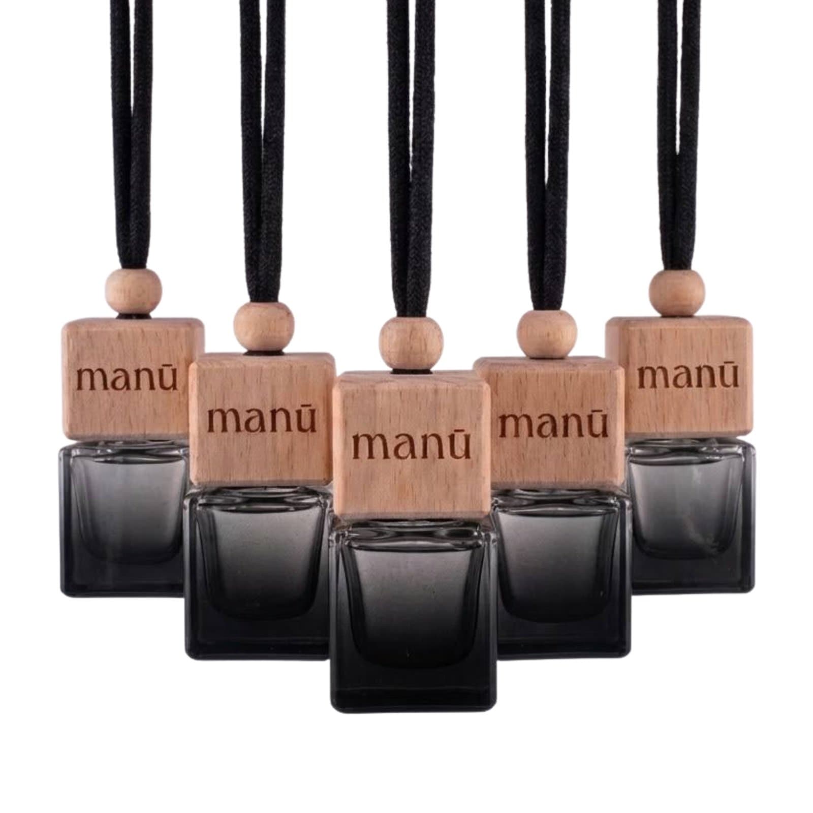 Five black glass hanging car diffusers with wooden caps engraved manū