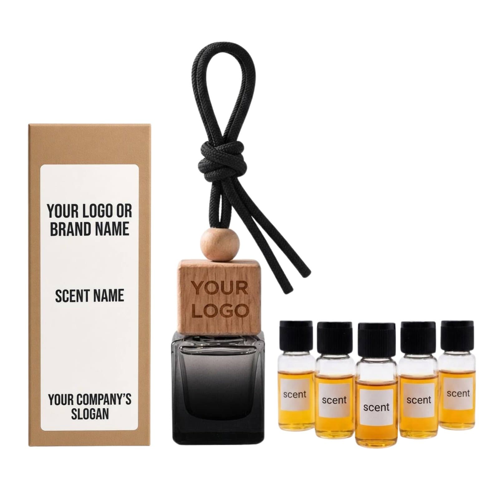 Black glass car diffuser with a YOUR LOGO wooden cap, a kraft box label mockup and five scent vials