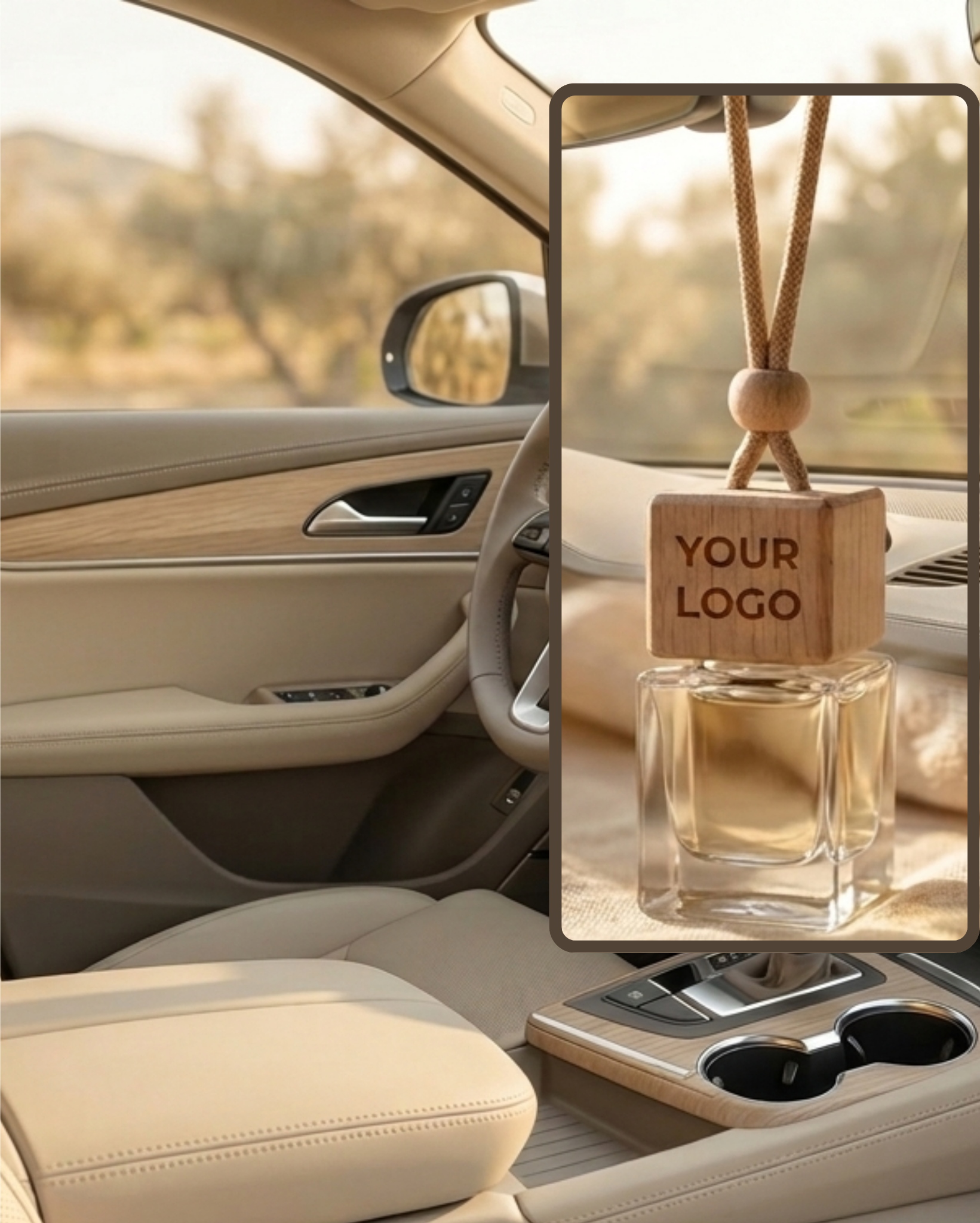 Hanging car diffuser with your logo engraved on its wooden cap